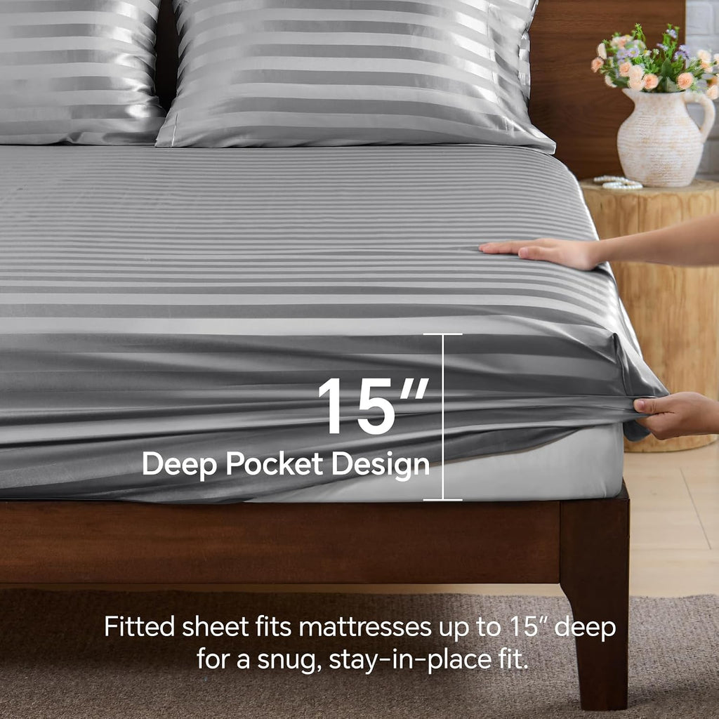 Satin Sheets Queen, Luxury Jacquard Striped Dark Grey Bedsheets with Elastic Corner Straps, Similar to Silk Sheets