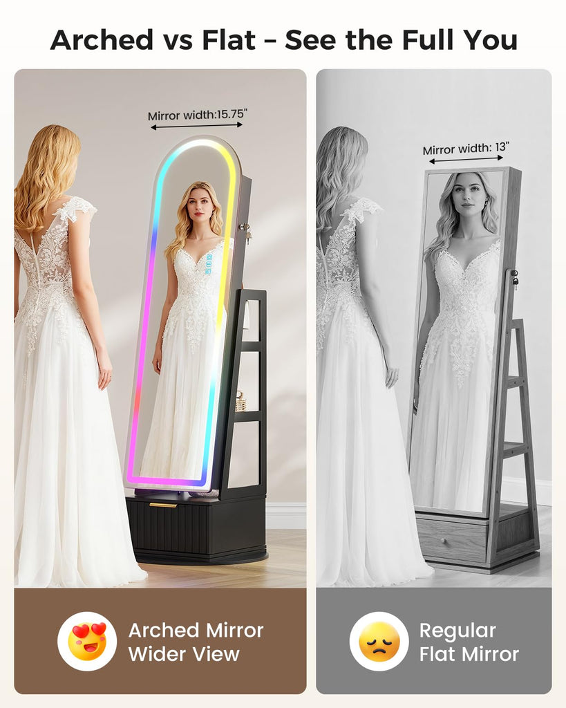Arched Jewelry Cabinet with RGB Full-Length Mirror and Storage