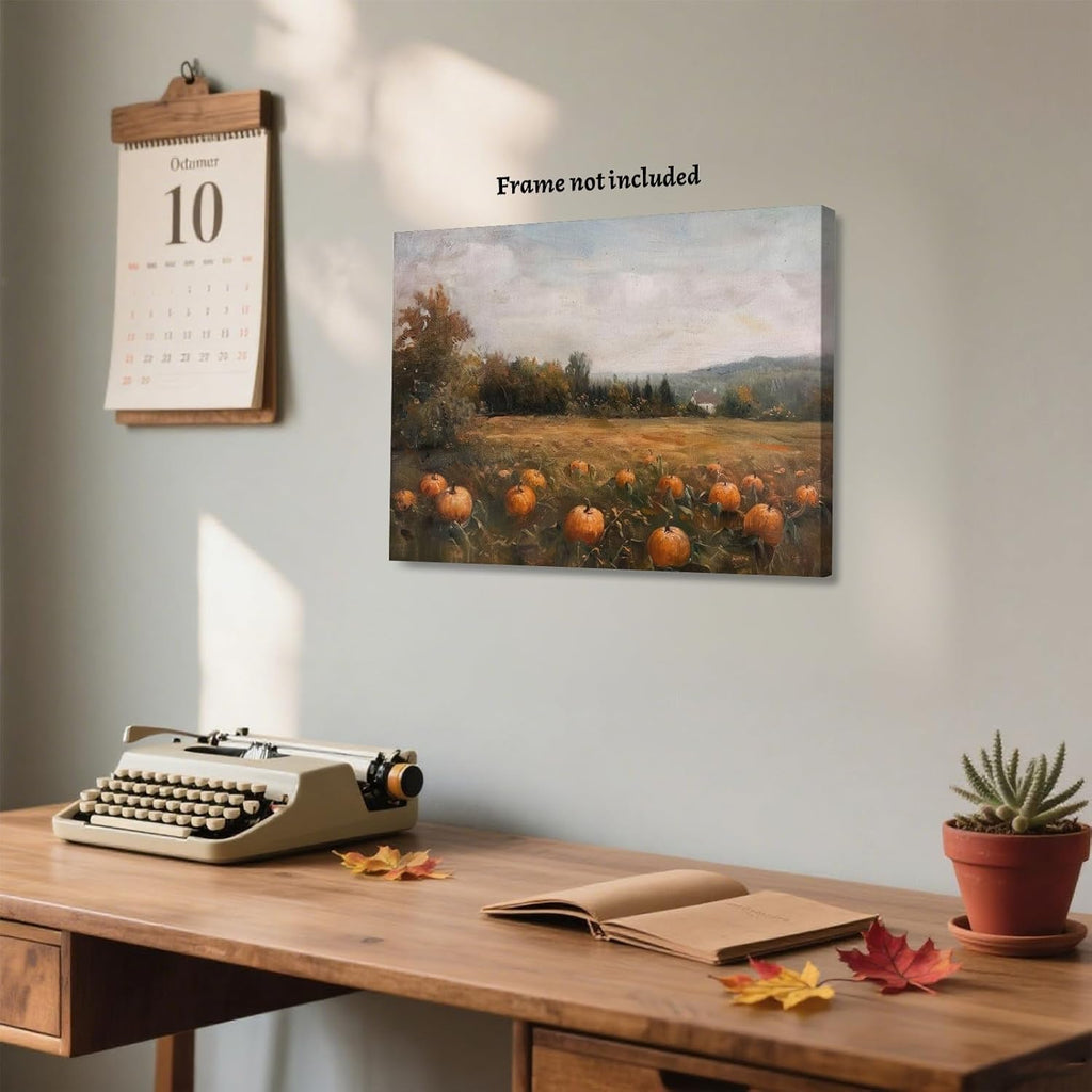 Autumn Pumpkin Field Wall Art Rustic Fall Harvest Landscape Poster Vintage Country Farmhouse Oil Painting Wall Decor