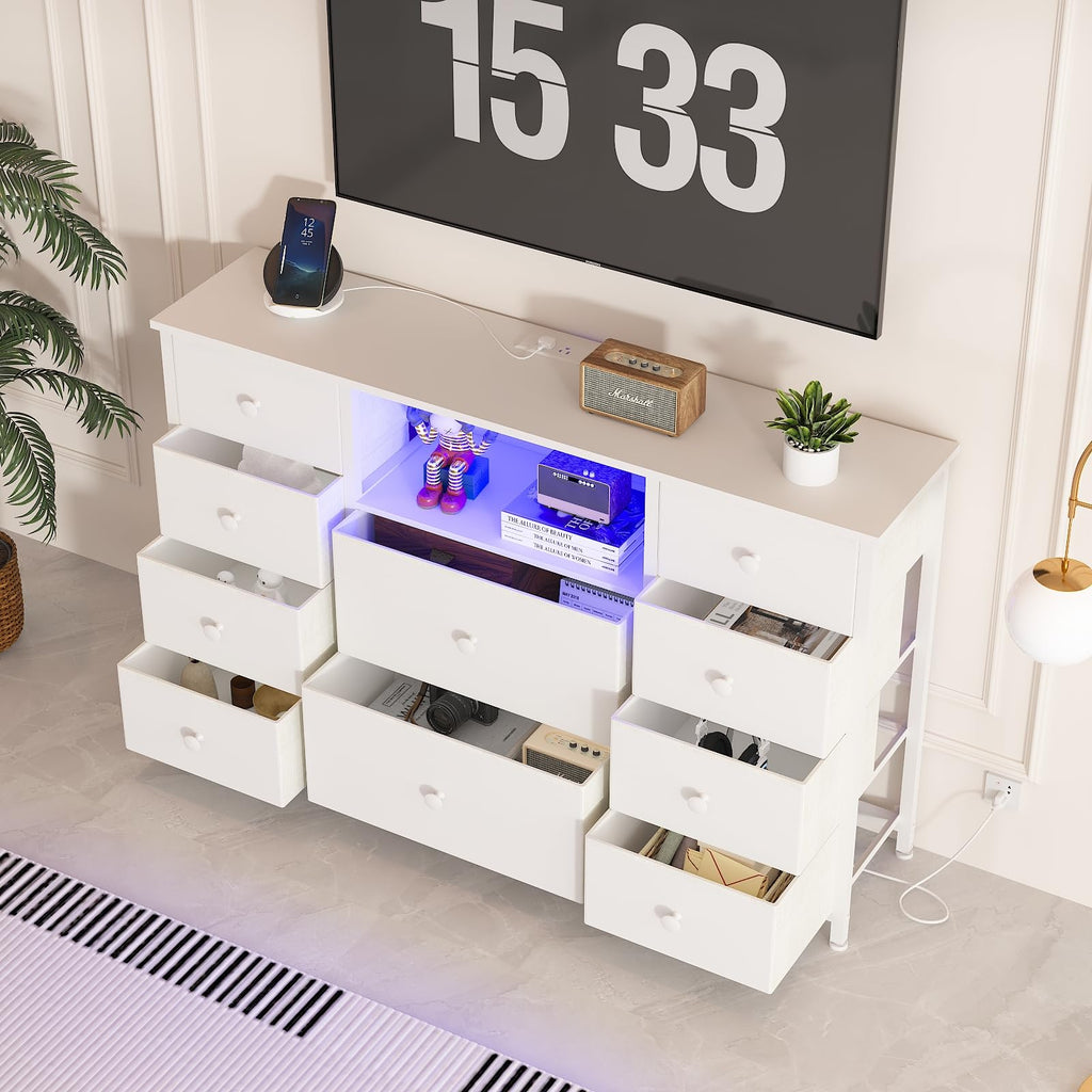 Dresser with Charging Station and LED Lights, White Dresser