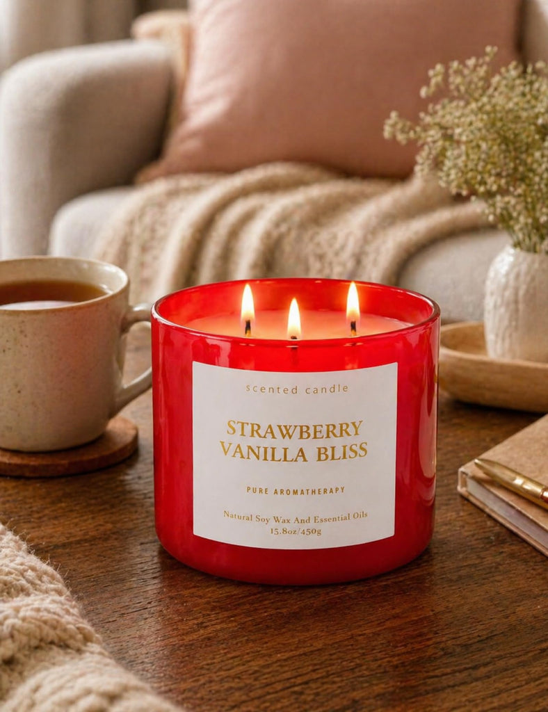 Strawberry Vanilla Bliss, 3-Wick Scented Soy Candle for Women, 15.8 Oz