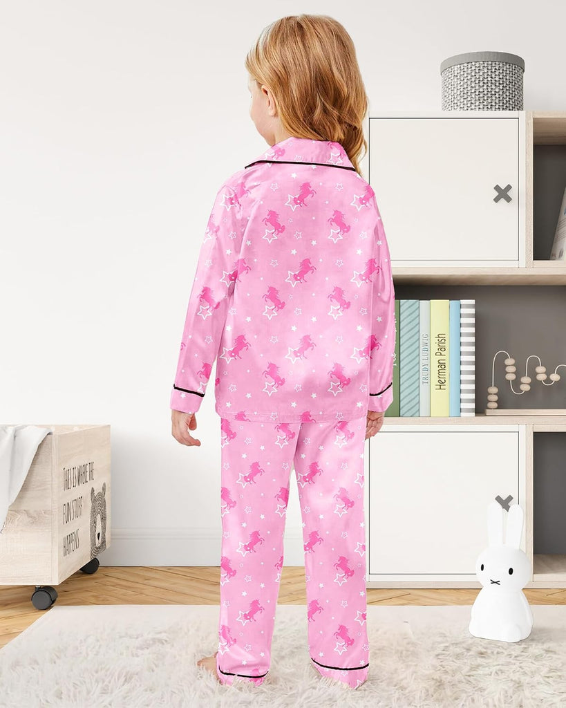 Satin Pajamas for Girls Silky Button-Down Sleepwear Unicorn Nightwear Loungewear PJS Clothes Set Gifts for Kids