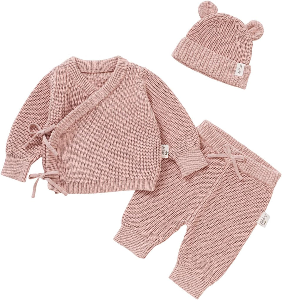 Baby Cotton Knit Set with Hat, Sweater and Pants, Coming Home Outfit