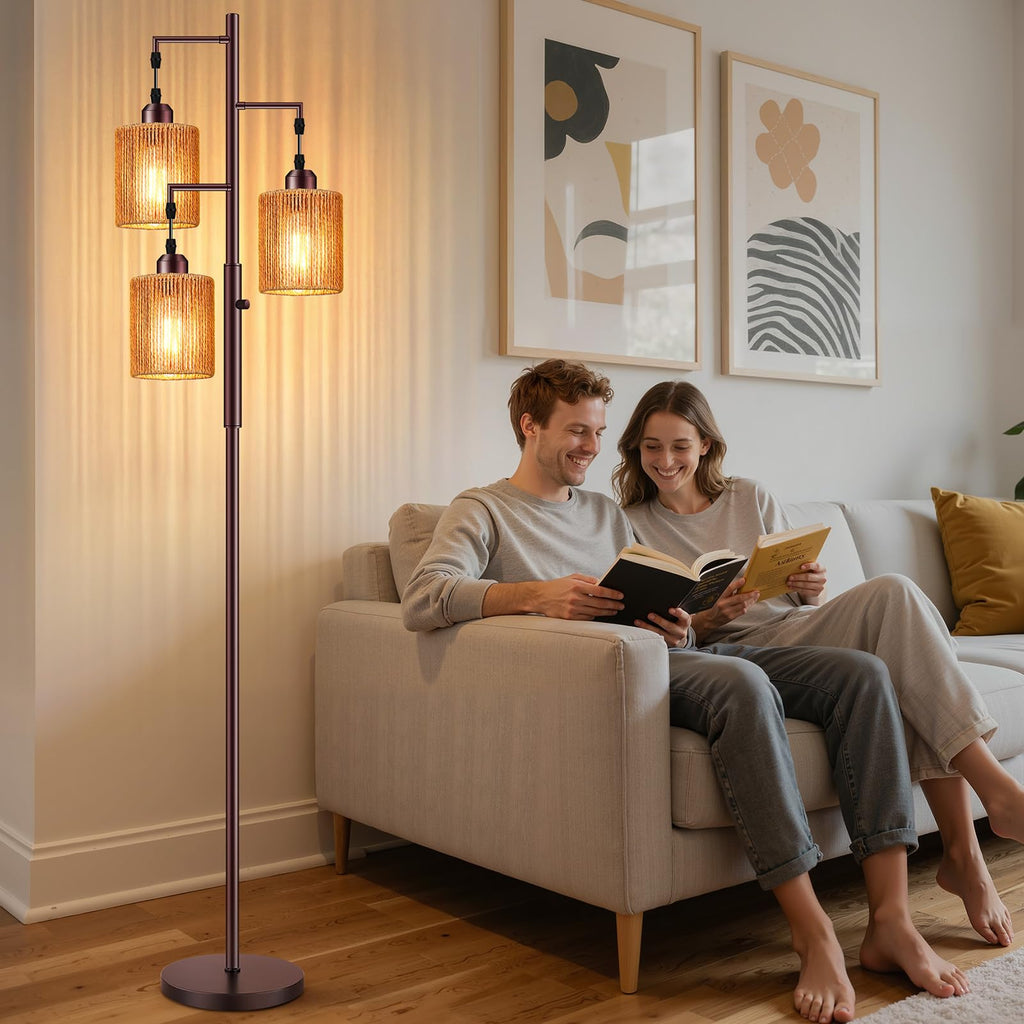 72" Boho Rattan Tree Floor Lamp, Tall Dimmable Industrial Standing Lamp, Corner Decor Accent Lighting, Cafe (3 x