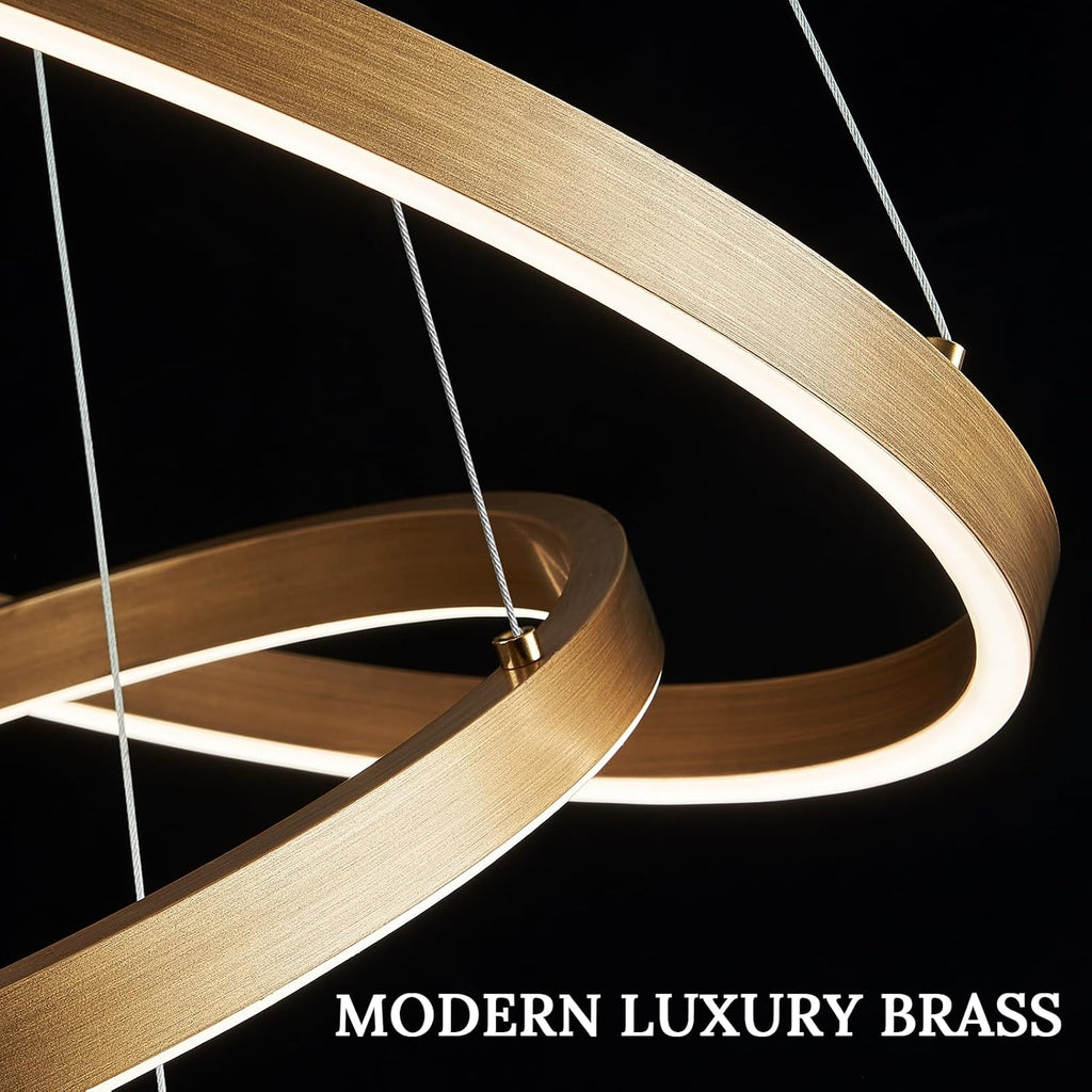 LED 3-Ring Chandelier Gold Dimmable Modern Pendant Light with Remote Control Vintage Brass LED Circle Chandelier for