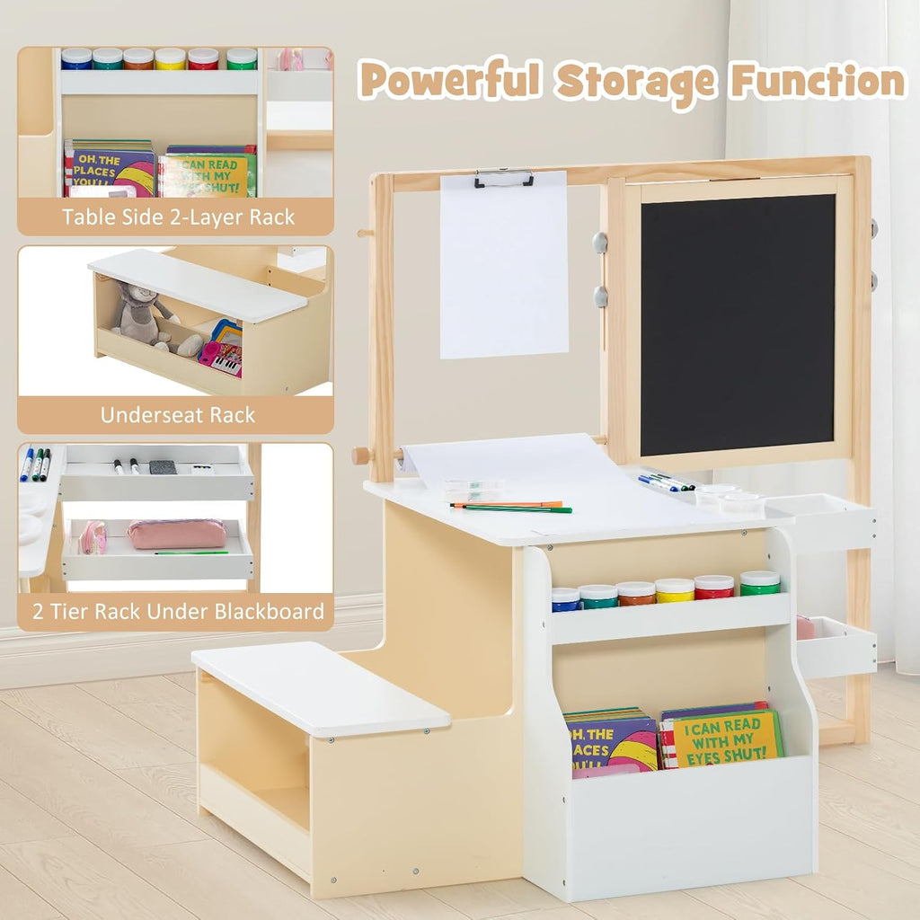 3 in 1 Kids Art Table and Chair Set, Toddler Craft and Play Wood Activity Desk with Double-Sided Easel Blackboard