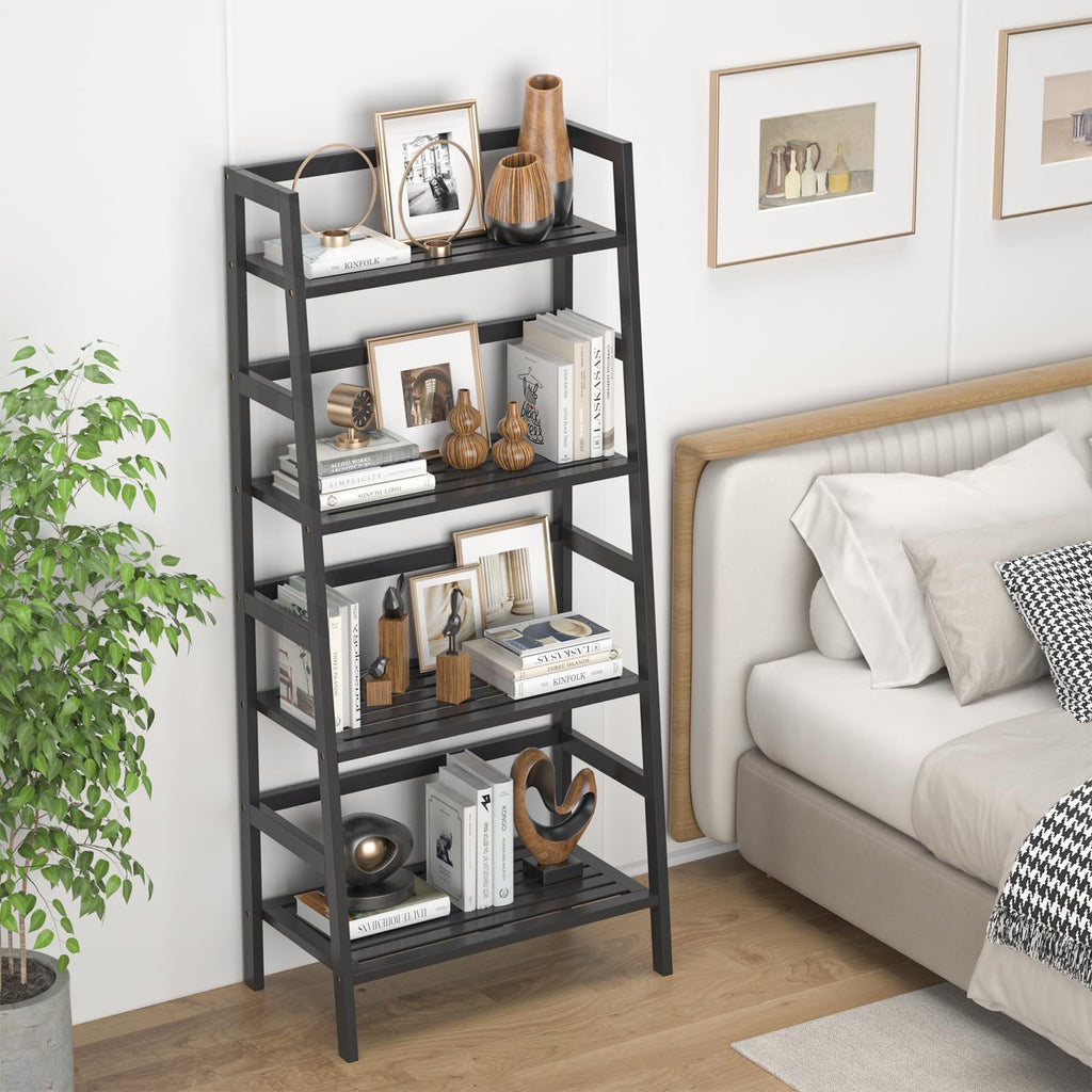 Black Ladder Shelf, 4-Tier Bamboo Bookshelf & Bookcase Organizer