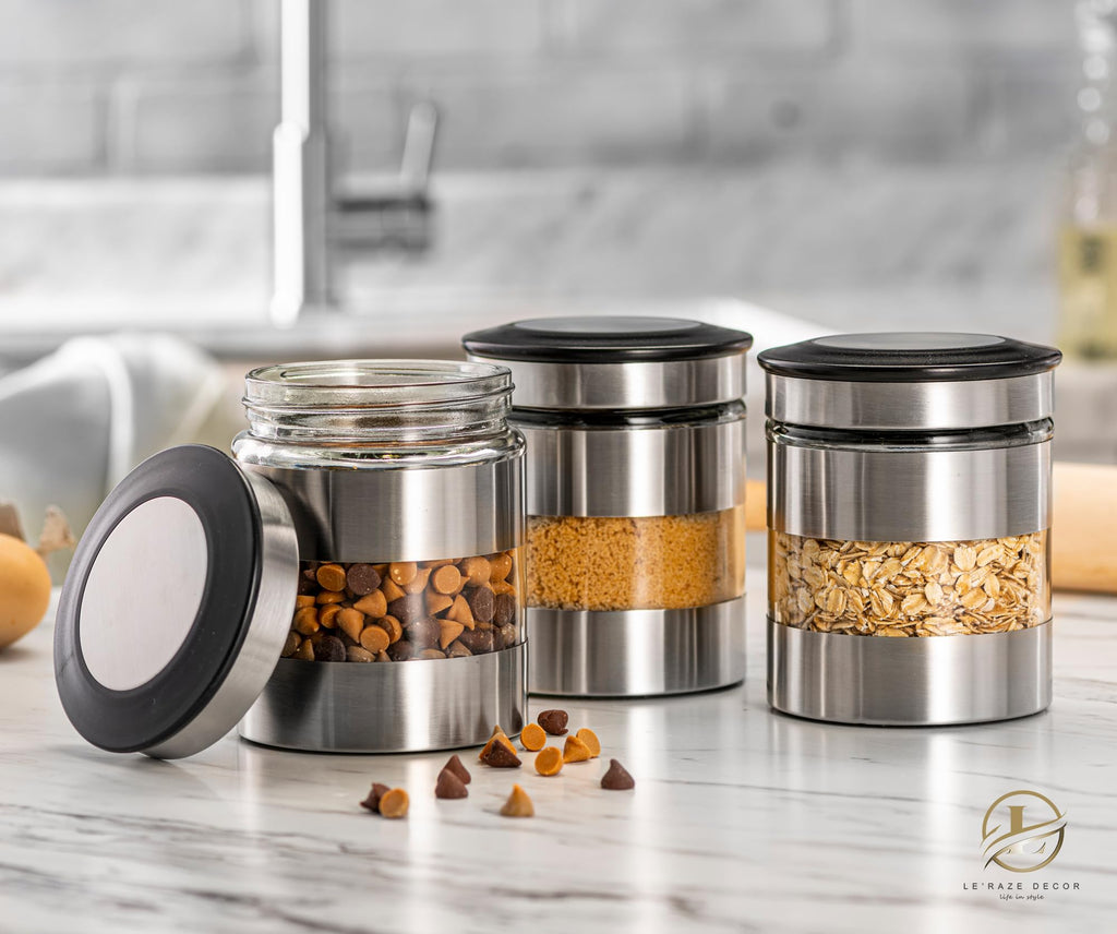 Quality Stainless Steel Canister Set of 3 Counter with Glass Window & Airtight Lid - Food Storage Containers with