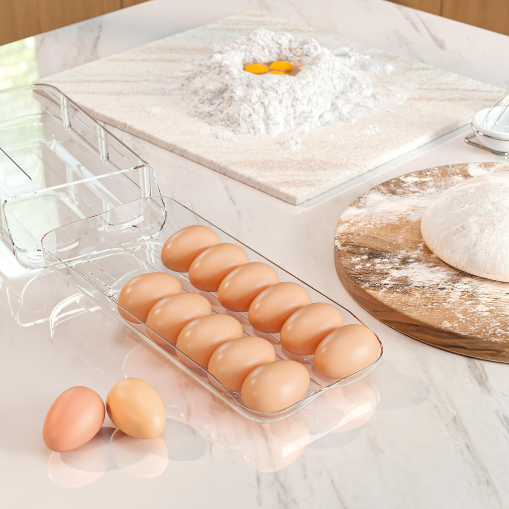 Egg Holder for Fridge, Automatic Rolling Egg Container, Clear, 2Pack