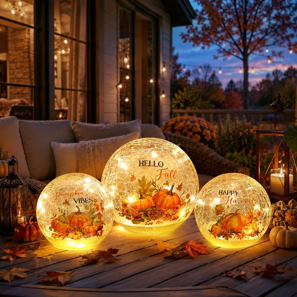 Fall Table Decor Sparkling Crackle Glass Ball with LED Lights Timer Pumpkin Gnomes for Thanksgiving Decor - Set of 3