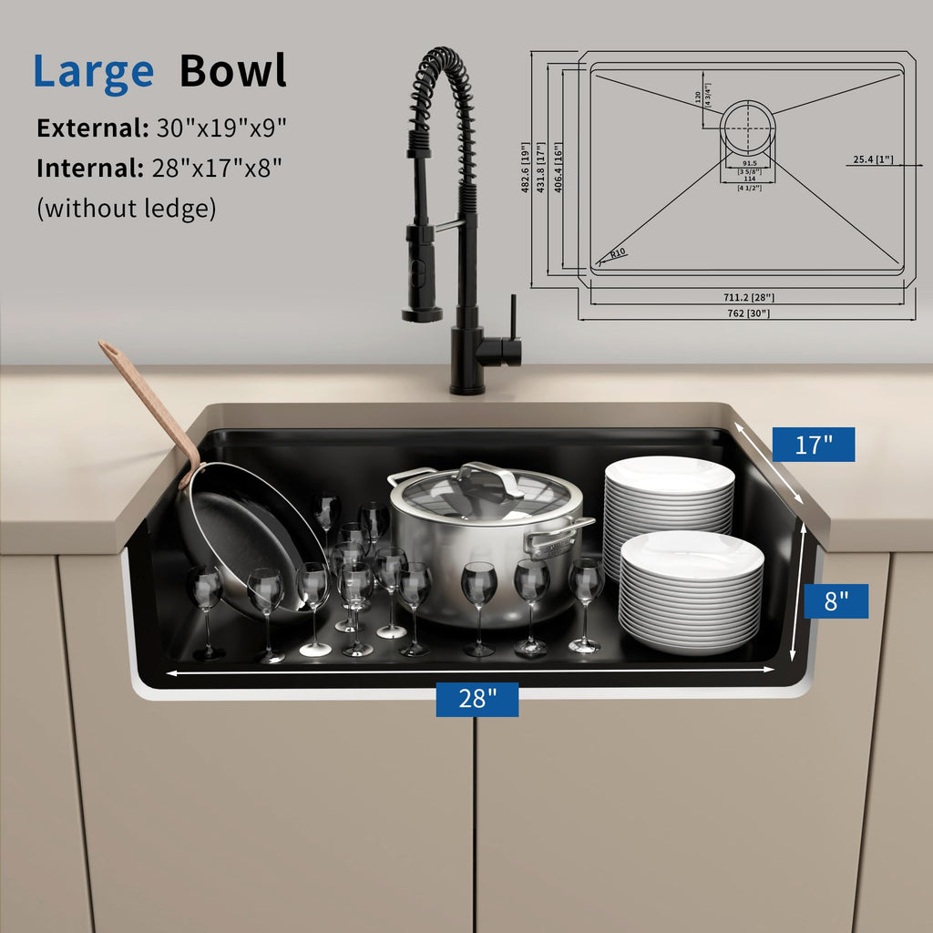 30 Inch Workstation Black Kitchen Sink, 16 Gauge Undermount Sink