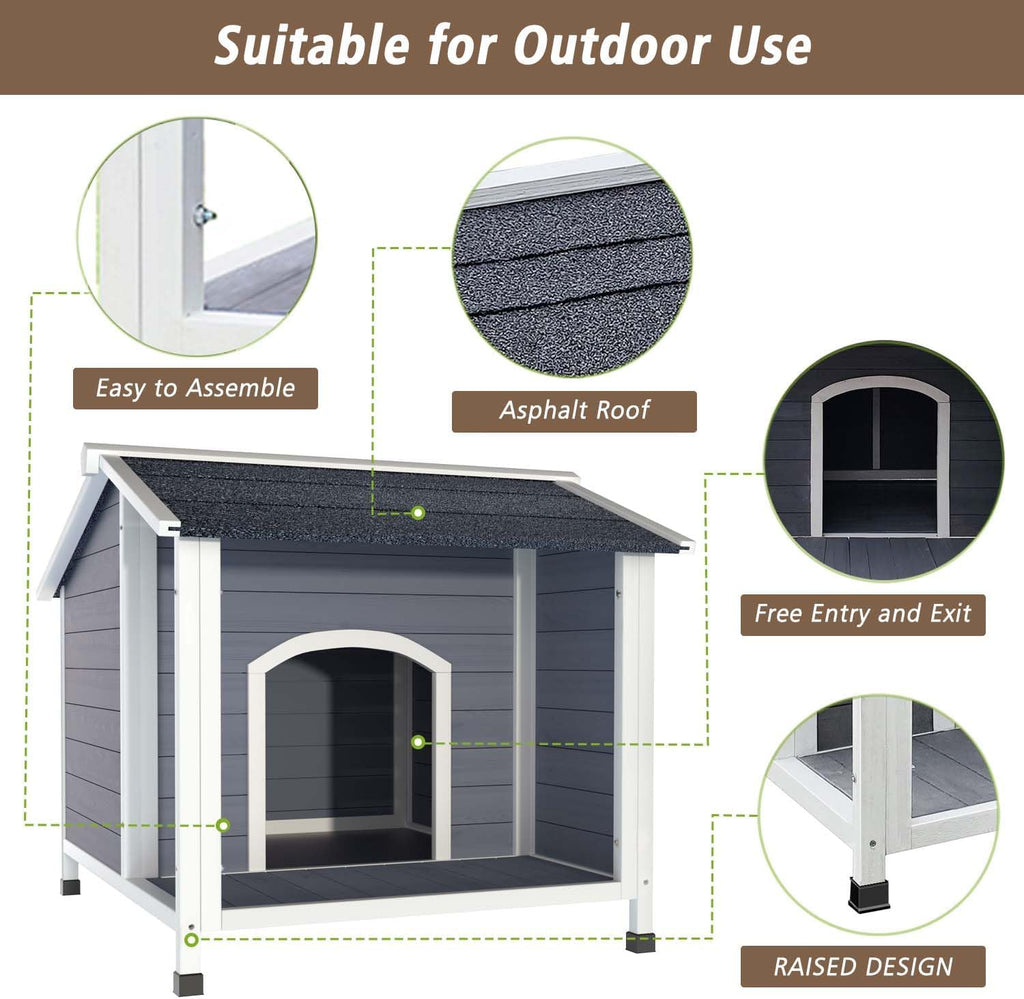 31" Wooden Dog House Outdoor with Porch, Elevated Outdoor Dog Houses for Small to Medium Dogs, All-Weather Friendly