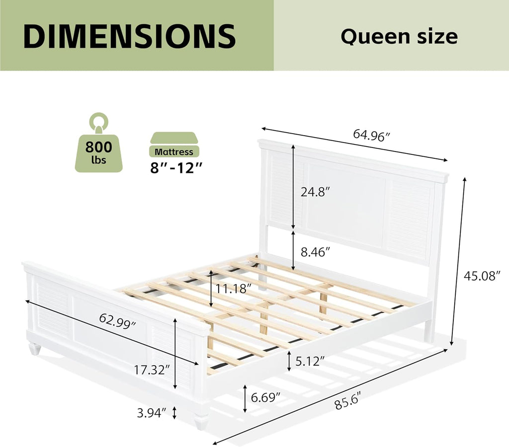 Queen Bed Frame with Wood Headboard, Farmhouse White Platform Bed Frame with Sturdy Wooden Support Slats, No Box