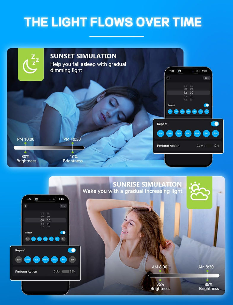 Smart Light Bulbs, WiFi & Bluetooth 5.0, Work with Alexa Google Assistant, App Control, Color Changing LED Bulb,E26
