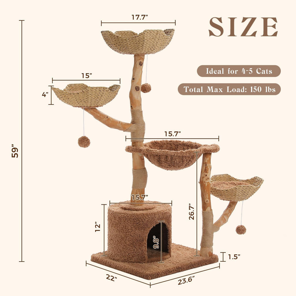 59" Modern Cat Tree for Large Cats, 3 Wicker Baskets & Condo, Brown