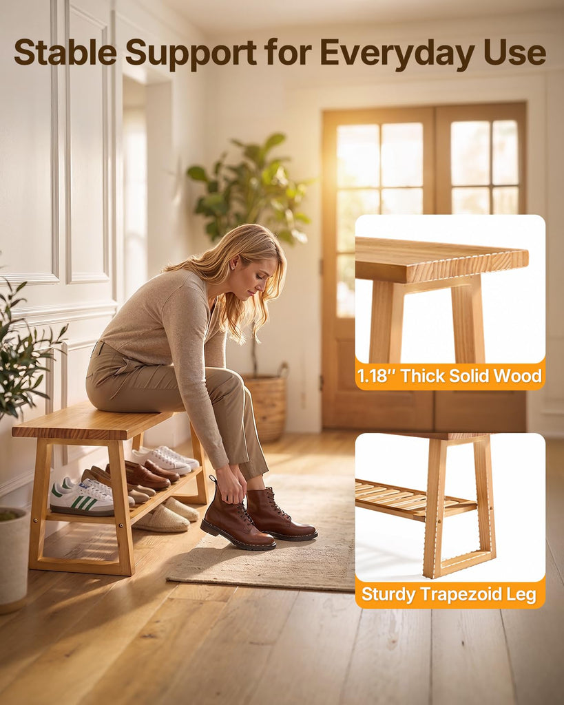 43" Pine Wood Entryway Bench with Shoe Storage Shelf