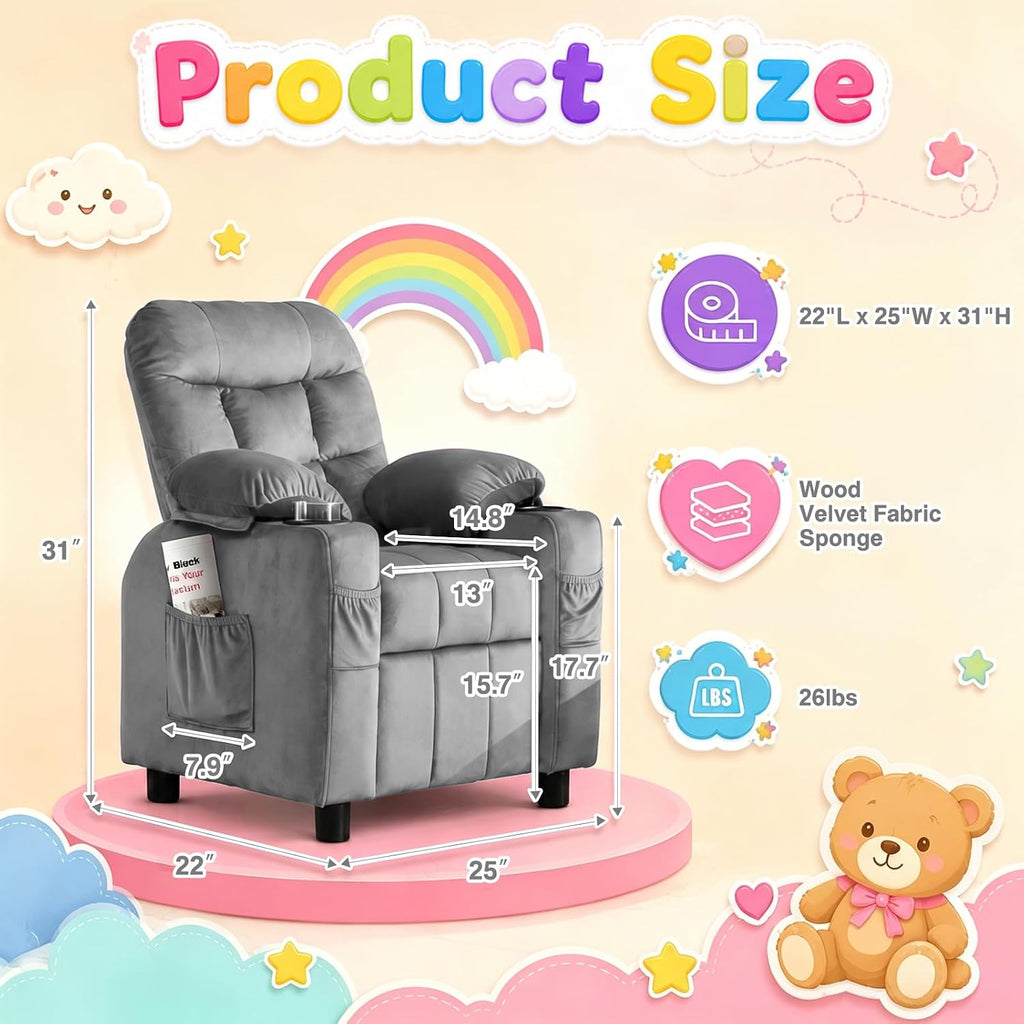 Kids Recliner, Toddlers Kids Recliner Chair with Cup Holder, Ergonomic Adjustable Velvet Lounge Chair with Footrest &