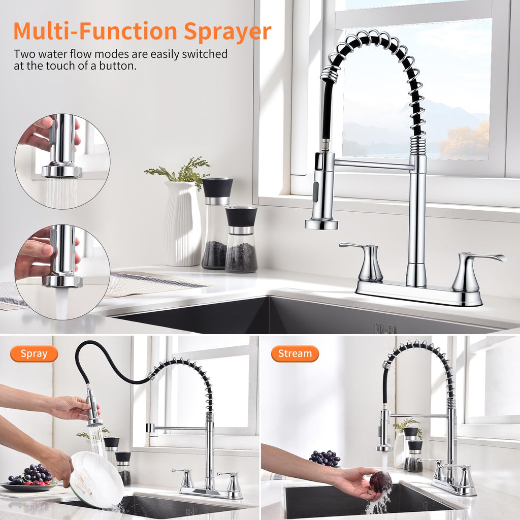 2 Handles Kitchen Faucet with Pull Down Sprayer for 3 Hole Sink, 360° Rotating Spout Commercial 2 Handle Stainless
