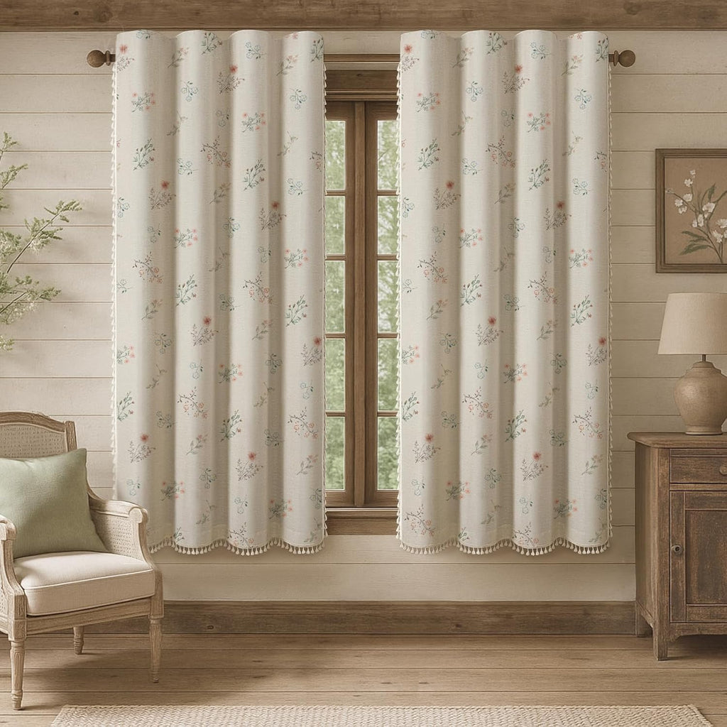 Boho Floral 100% Blackout Curtains 84 Inch 2 Panels Linen Texture