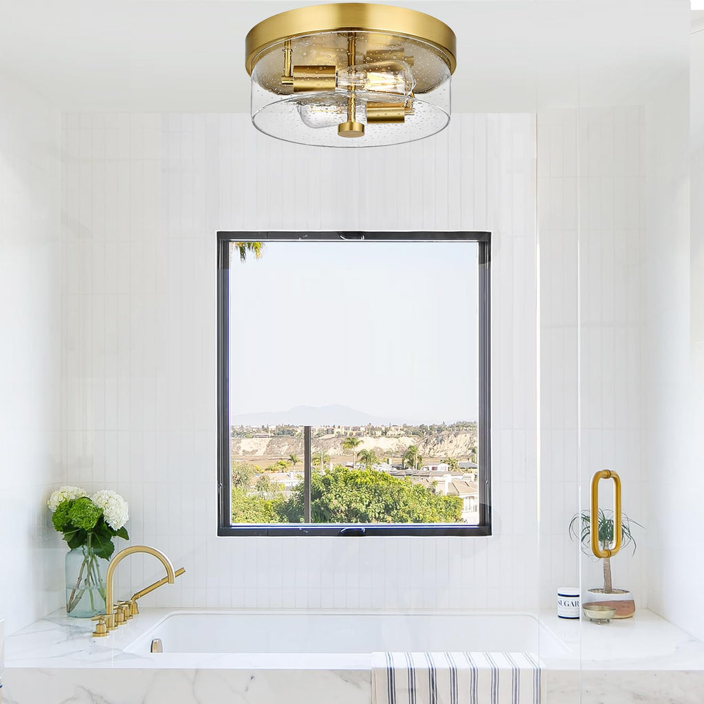 Flush Mount Ceiling Light Fixtures, 2-Light Gold Ceiling Mount for Farmhouse with Seeded Glass Lampshade, Industrial