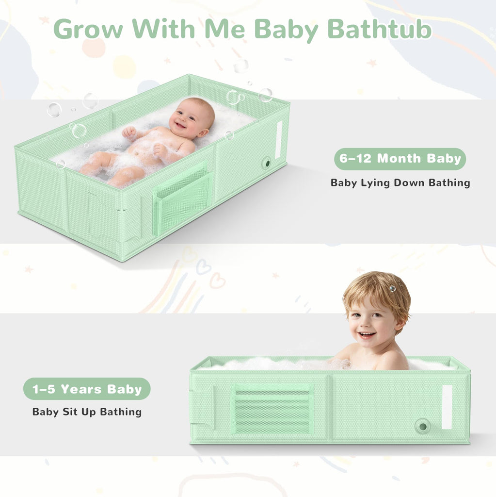 Collapsible Baby Bathtub, Foldable Toddler Bath Tub with Chick Pattern Bath Rinse Cup, No Assembly Portable Travel