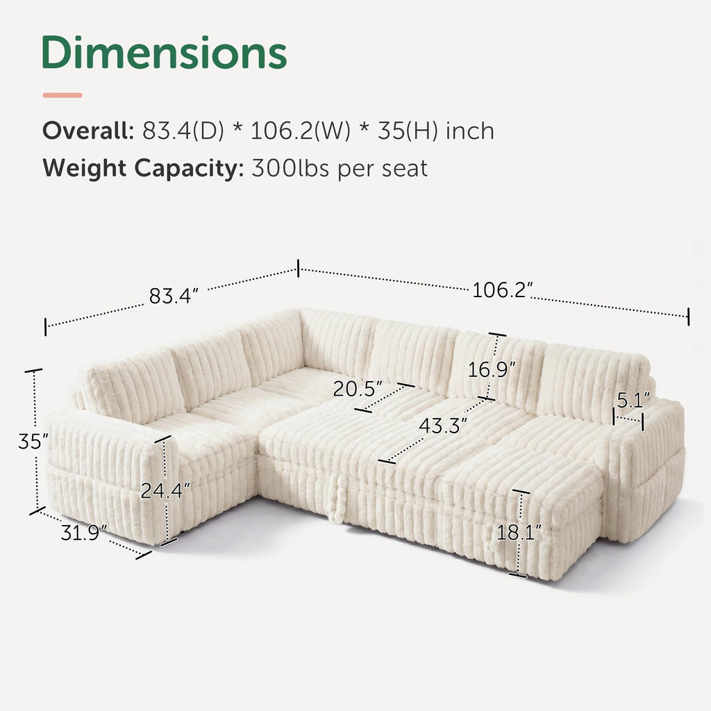 Plush Corduroy U Shaped Sectional Sofa with Pull Out Bed, Plush Beige
