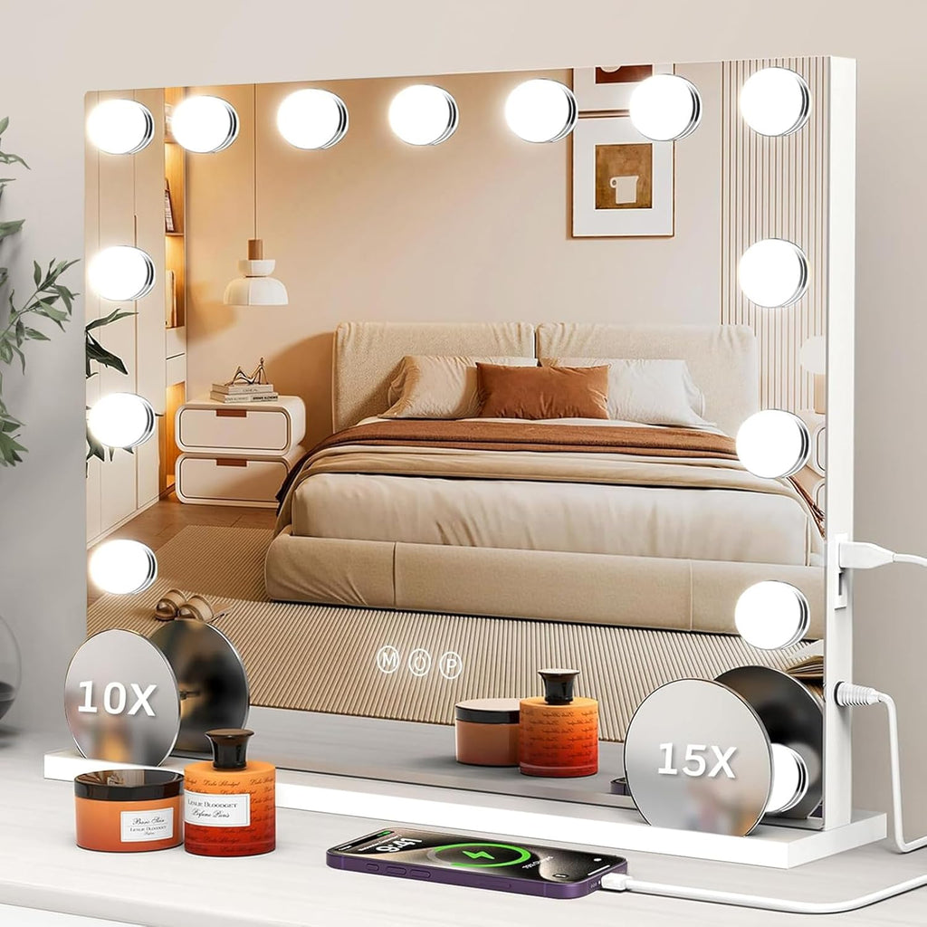 Hollywood Vanity Mirror with 10X/15X Magnification and Lights, USB/Type-C Port Makeup Mirror with 15 Dimmable LED