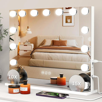 Hollywood Vanity Mirror with 10X/15X Magnification and Lights, USB/Type-C Port Makeup Mirror with 15 Dimmable LED