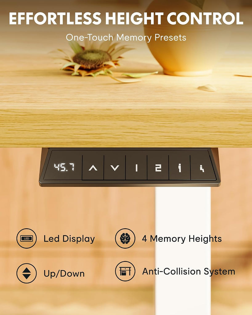 EN1 55"x28" One-Piece Standing Desk, Maple | 1" Thick Seamless Desktop, 176 LBS Capacity, Home Office Use, 4 Memory
