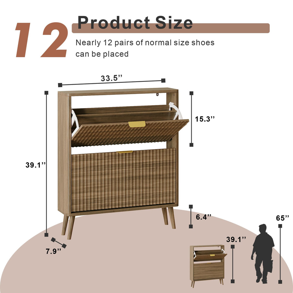 Narrow Shoe Storage Cabinet, Freestanding Shoe Cabinet Organizer (Light Coffee, 2 Flip)
