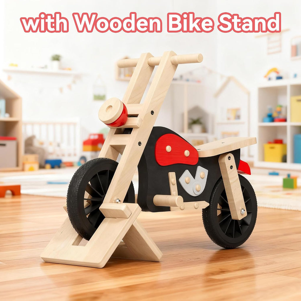 Wooden Balance Bike for Kids with Wood Bike Stand, Develops Motor Skills & Balance, Bike for Beginners