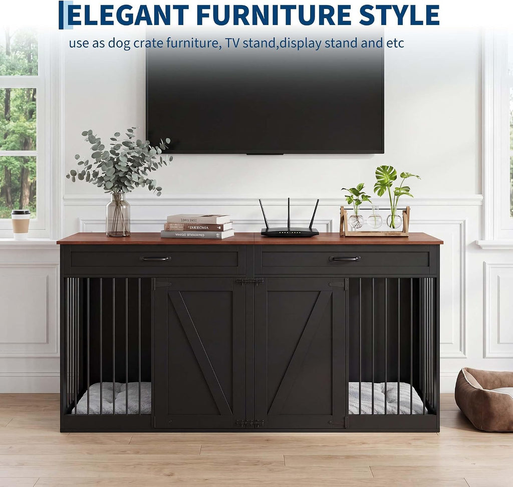 Double Dog Crate Furniture for 2 Dogs with 2 Drawers