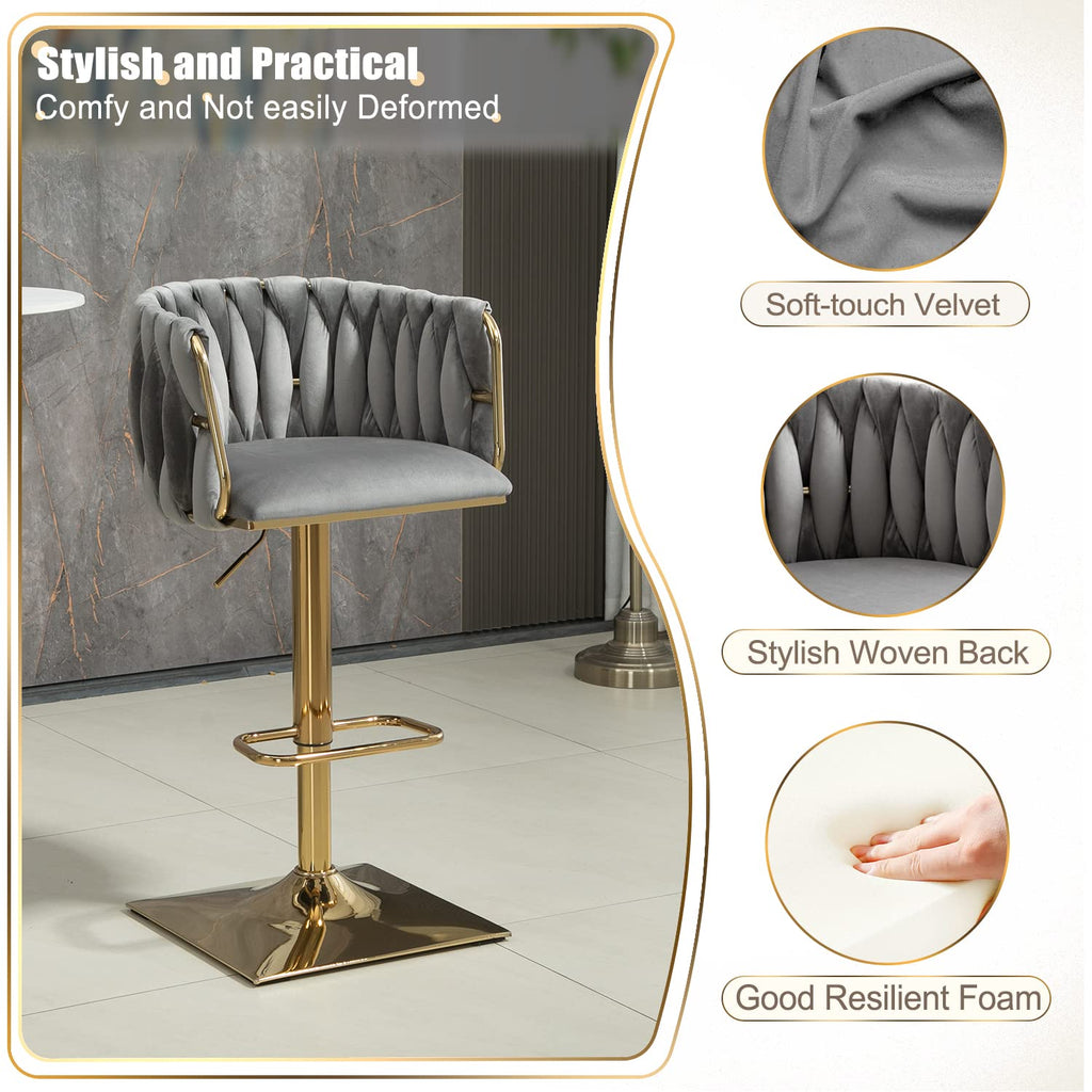 Swivel Velvet Bar Stool Set of 2, Adjustable Comfy Counter Height Barstool, Modern Dining Chair with Woven Back