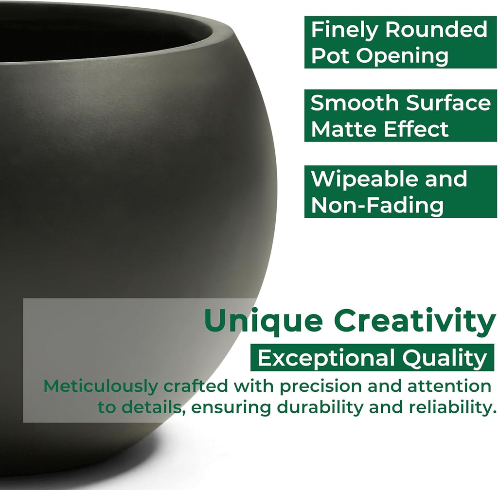 19.3" Dia-13 H Fiberstone Sphere Planter, Black Round Flower Pot | Large Concrete Planters for Indoor Outdoor, 15"