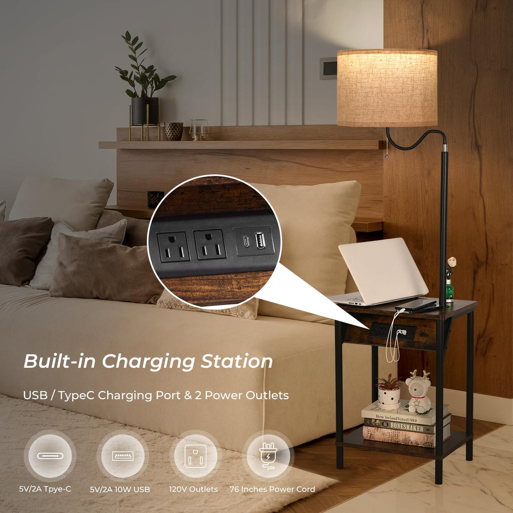 Floor Lamp with Table, End Table with Charging Station USB Ports & Outlets, 3 Color Temperature Reading Light Bedside