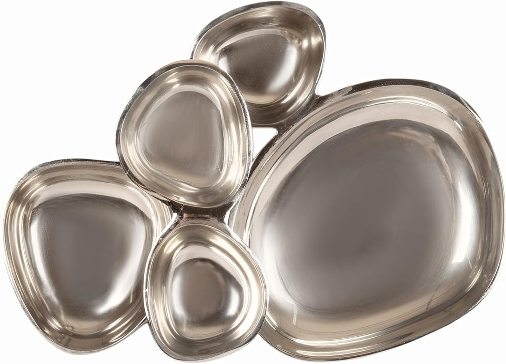 Cluso Modern Metal Tabletop Footed Cluster Tray, 14 x 10, Shiny Silver, Sculptural Cast Aluminum Food-Safe Tray Decor