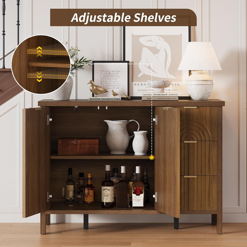 Sideboard Buffet Cabinet with Storage - Fluted Accent Coffee Bar Cabinets Kitchen Credenza with Drawers & Doors, Wood