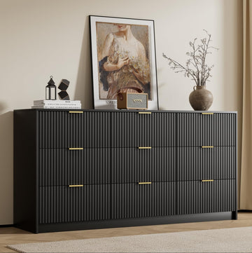 Black 9 Drawer Dresser, 63" Wide Fluted Wood Dresser