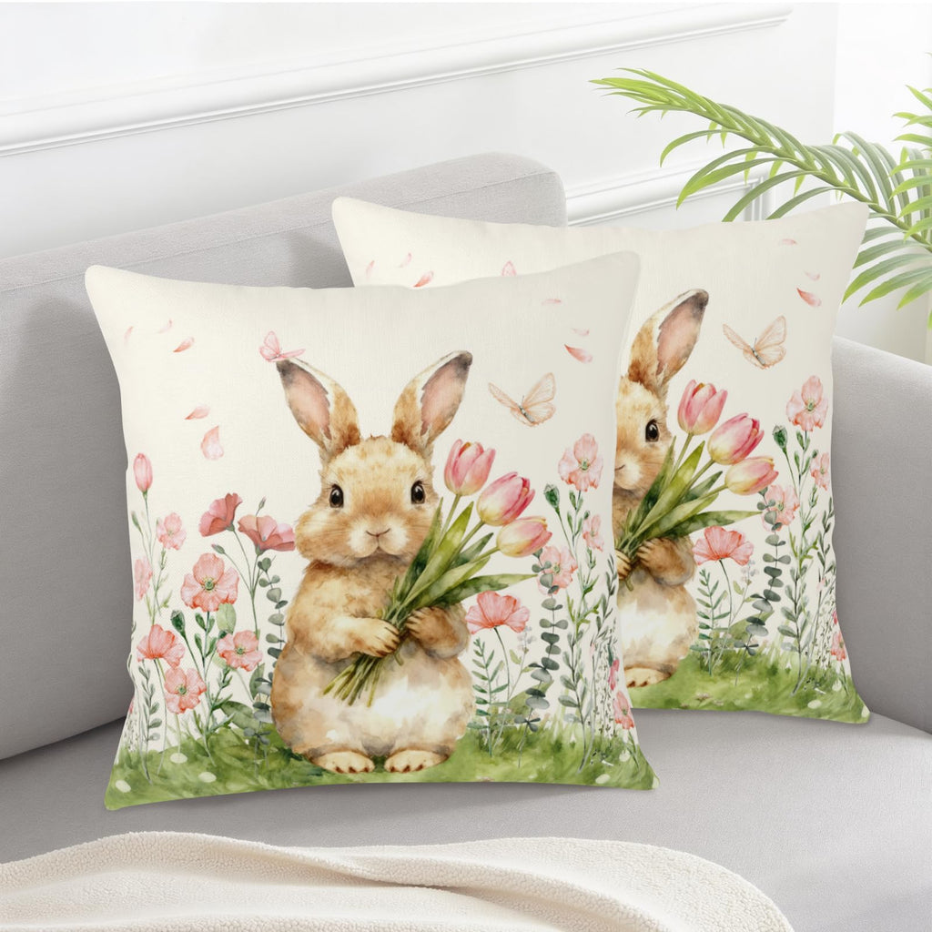 Easter Bunny Outdoor Pillow Covers 16x16 Set of 2 Watercolor Pink Flowers Pillows Cases Farmhouse Rabbit Floral
