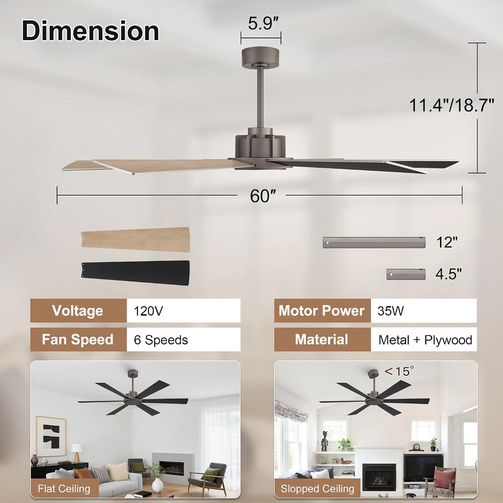 60 Inch Ceiling Fan without Light - 6 Plywood Blades, 6-Speed Reversible DC Motor