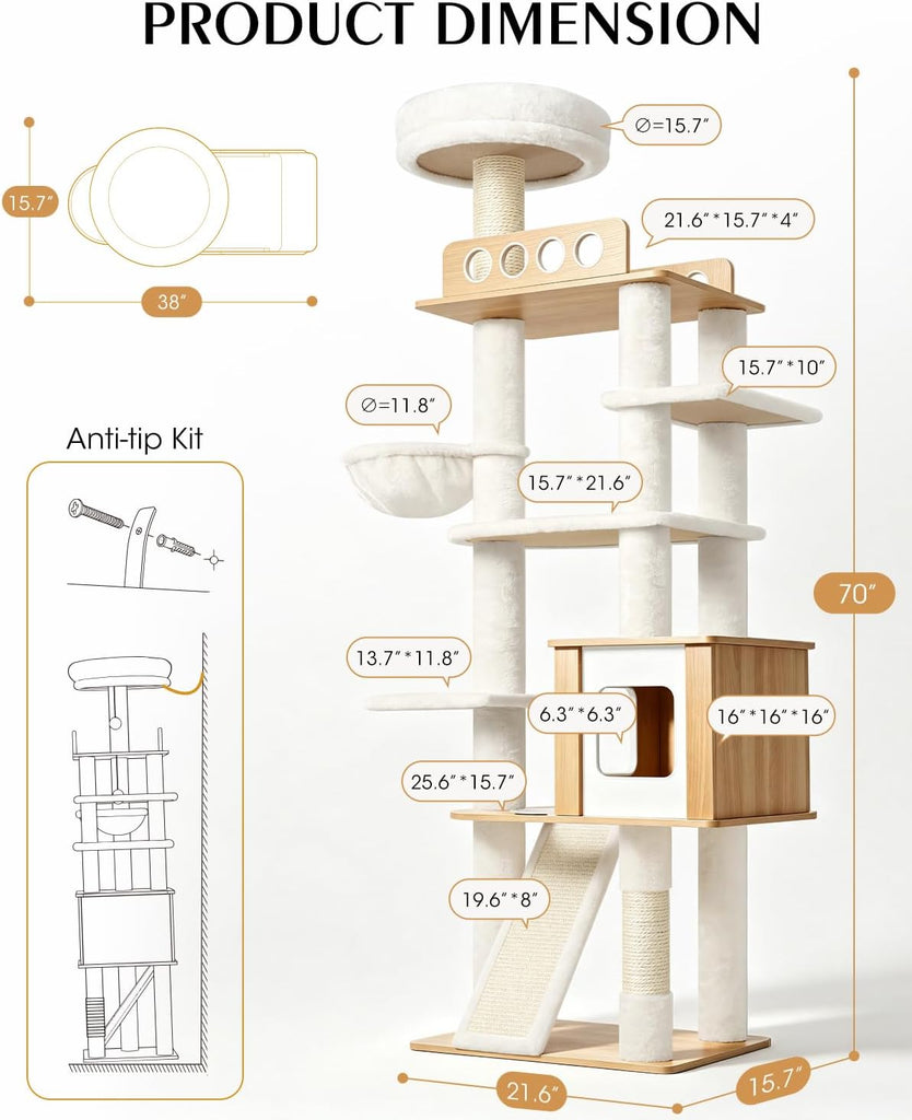 70" Wood Cat Tree for Large Cats, Tall Cat Tower, Reinforced Base
