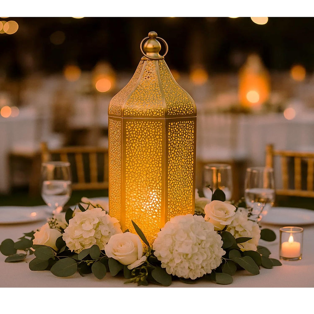 16" Champagne Gold Moroccan Decorative Candle Lantern - Metal Hexagon Lantern for Table or Hanging, Ramadan Turkish