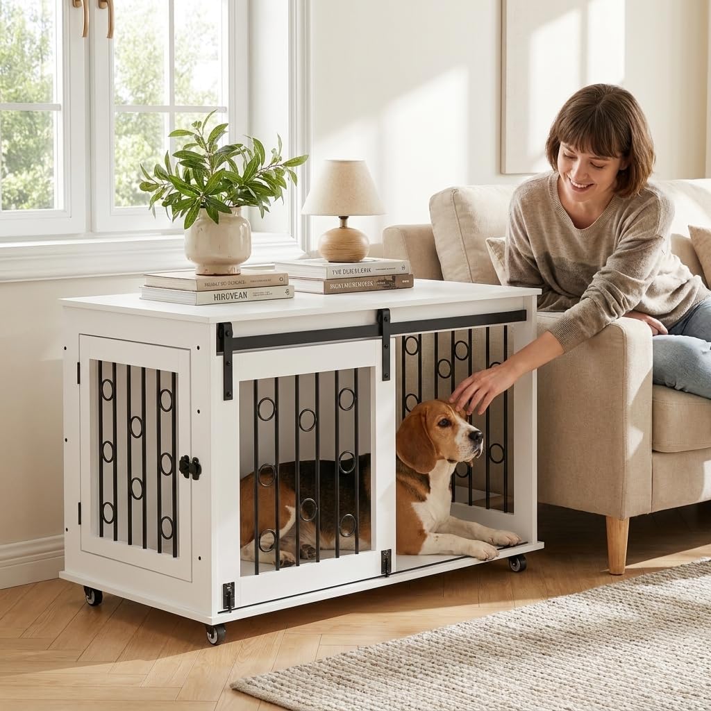 Dog Crate Furniture with Sliding Barn Door & Side Door, 39" Wooden Dog Kennel End Table for Small Medium Dogs, Indoor