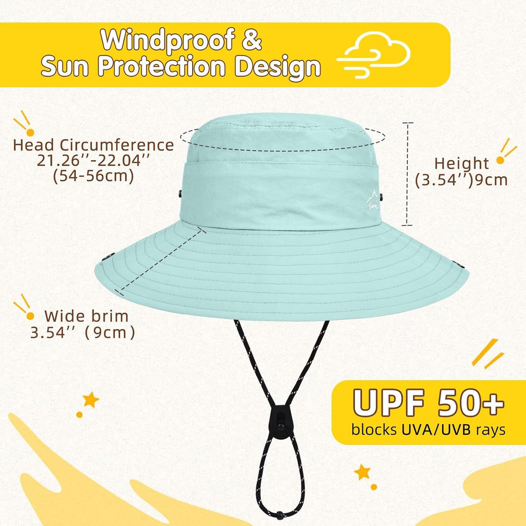 Kids UPF 50+ Sun Hat for Boys Girls Wide Brim Lightweight Bucket Hat for Hiking Beach Safari, Quick Dry Adjustable