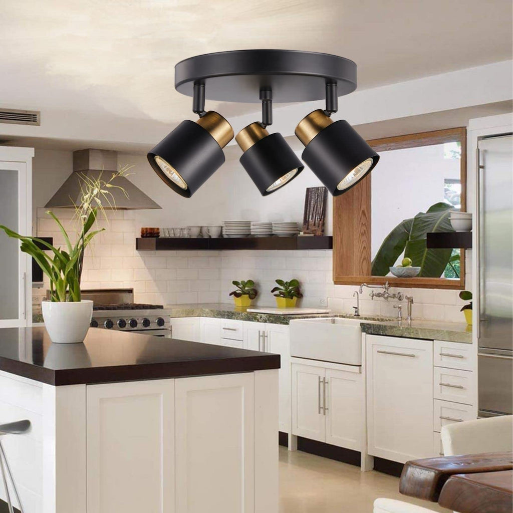 3 Light Track Lighting Kit, Matt Black Brass Finish Canopy with Moden Flush Mount Ceiling Spotlight,Dining,Living