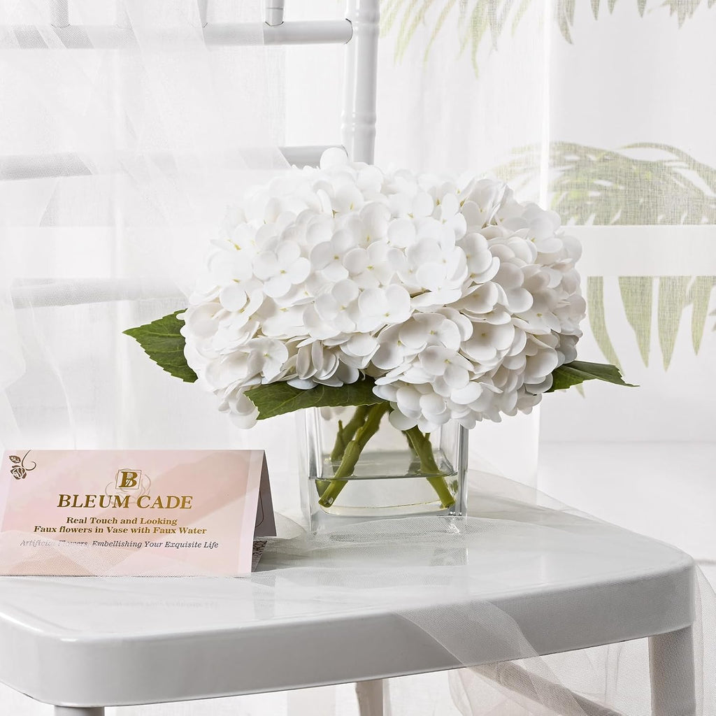 Luxury PU Fake Flowers in Vase with Faux Water, White Real Touch Hydrangea Artificial Flowers with Glass Vase Home