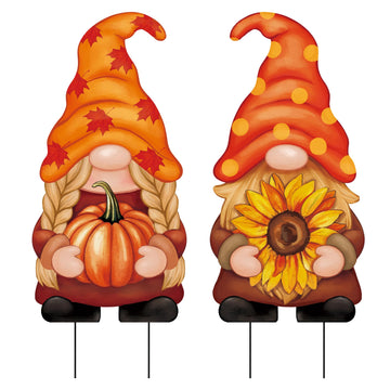 2Pcs Metal Gnomes Decorative Garden Stakes Pumpkin Sunflower Fall Thanksgiving Yard Signs Outdoor Decorations for