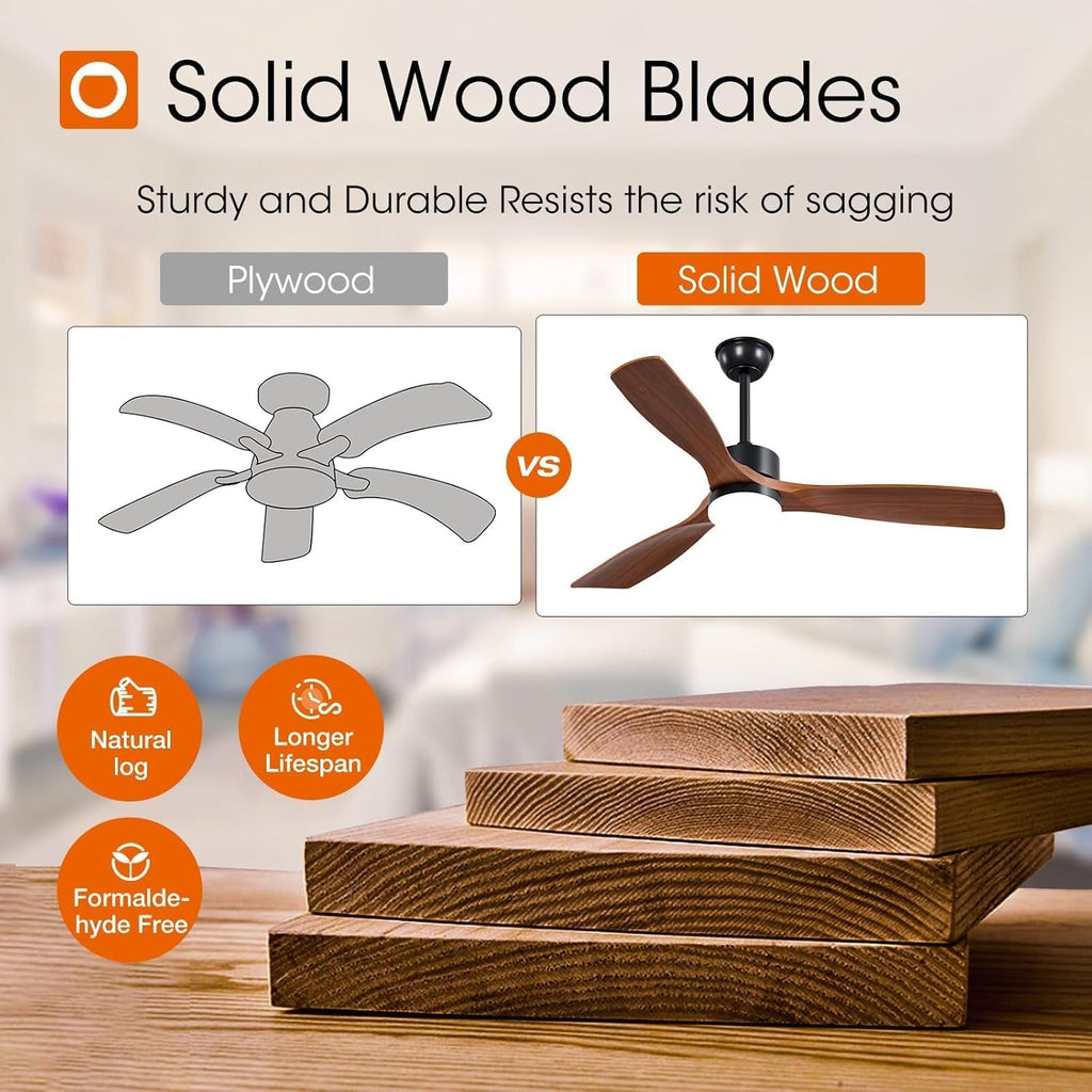 52 inch Ceiling Fans with Lights and Remote Control, Reversible, 3 Wood Blades, 6 Speeds, 5CCT Dimmable, Noiseless, Indoor/Outdoor Black Walnut Ceiling Fan for Bedroom Living Room Gazebo Patio A103-B0DY7M989Q