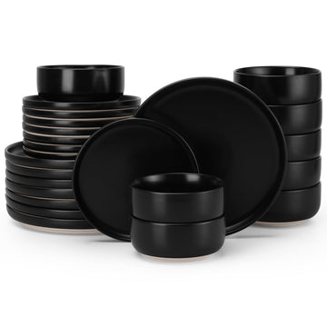Stoneware Dinnerware Sets, 24-Piece Plates and Bowls Set for 8, Dishes Set Restaurant, Frosting Black