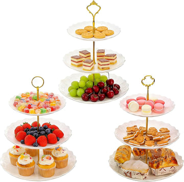 Tiers White Plastic Cupcake Stand Dessert Holder Tiered Serving Trays with 3 Styles Fittings, Party Serving - Set of 3